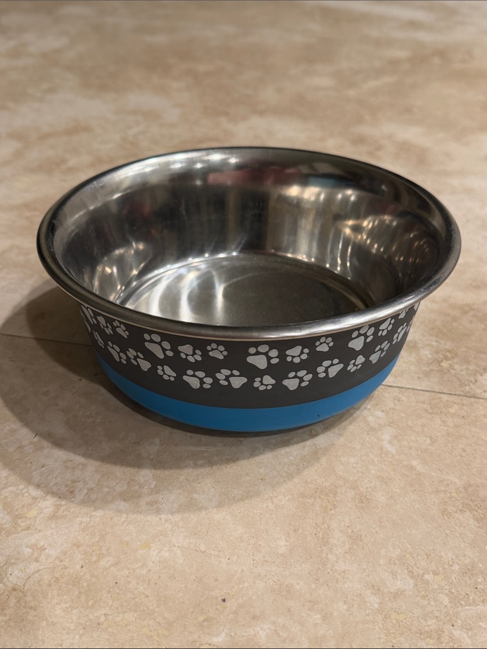 Stainless Steel Dog Bowl with Blue Non-Slip Base and Paw Print Design